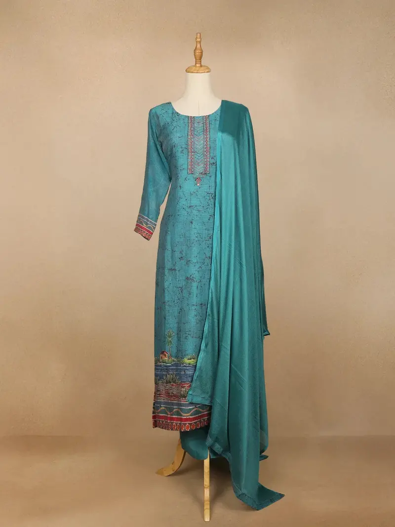 Teal Blue Marble Print Cotton Linen Straight Cut Salwar Suit 1