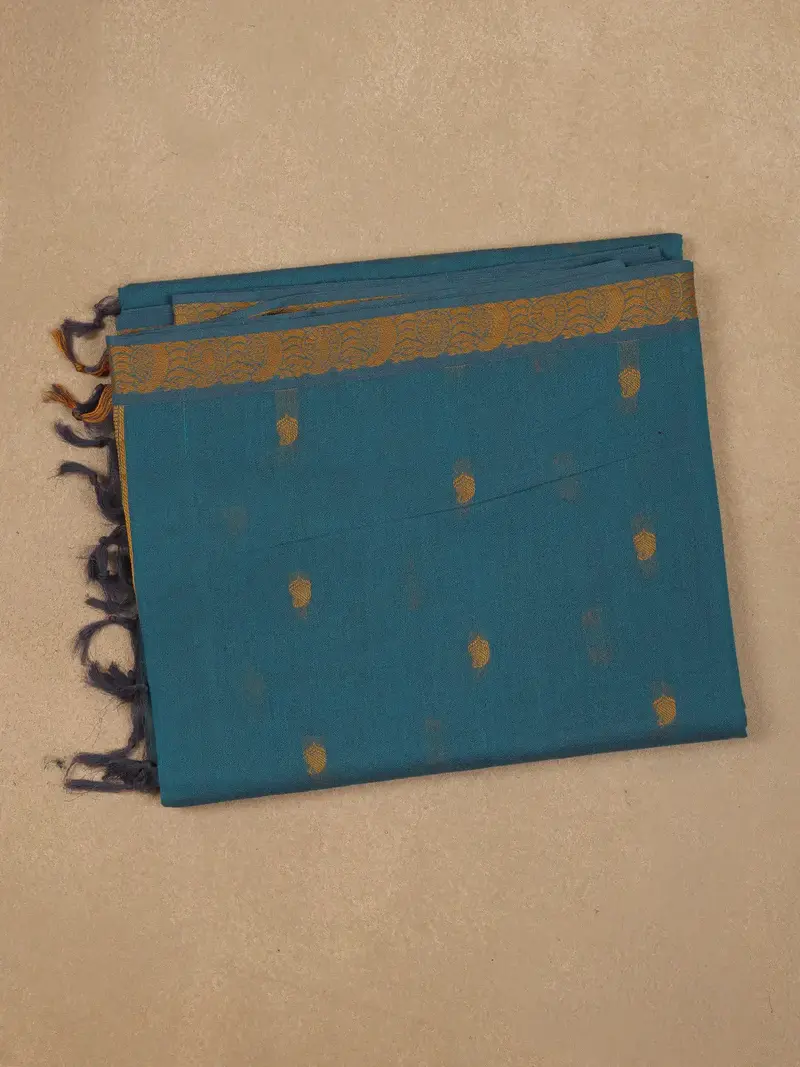 Teal Blue Paisley Butta Woven Cotton Saree With Zari Border 1