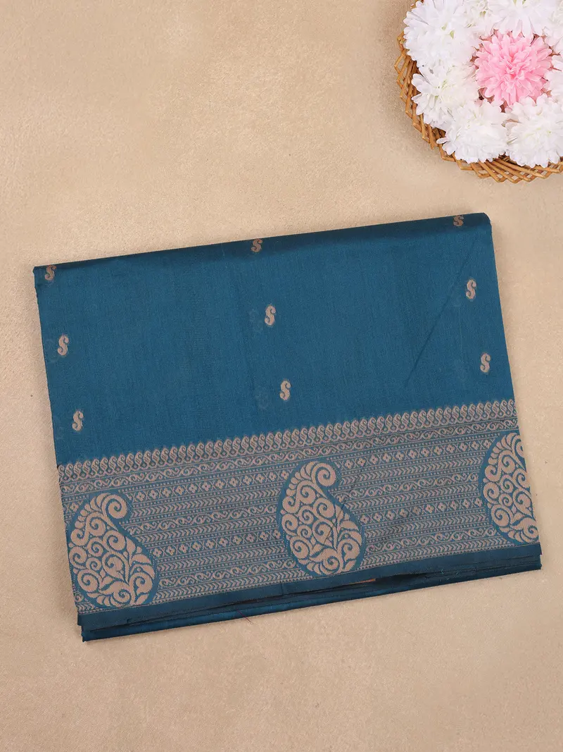 Teal Blue Paisley Butta Woven Design Cotton Saree With Self Border 1