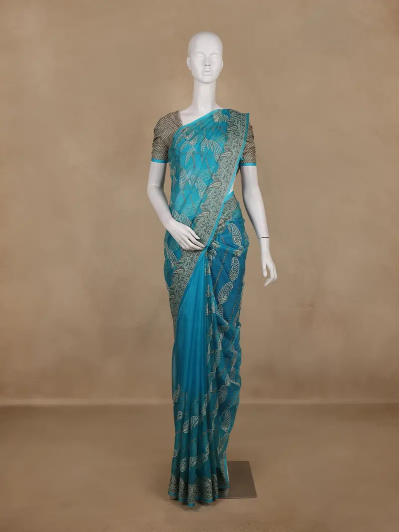 Teal Blue Paisley Design Semi Tussar Saree 1