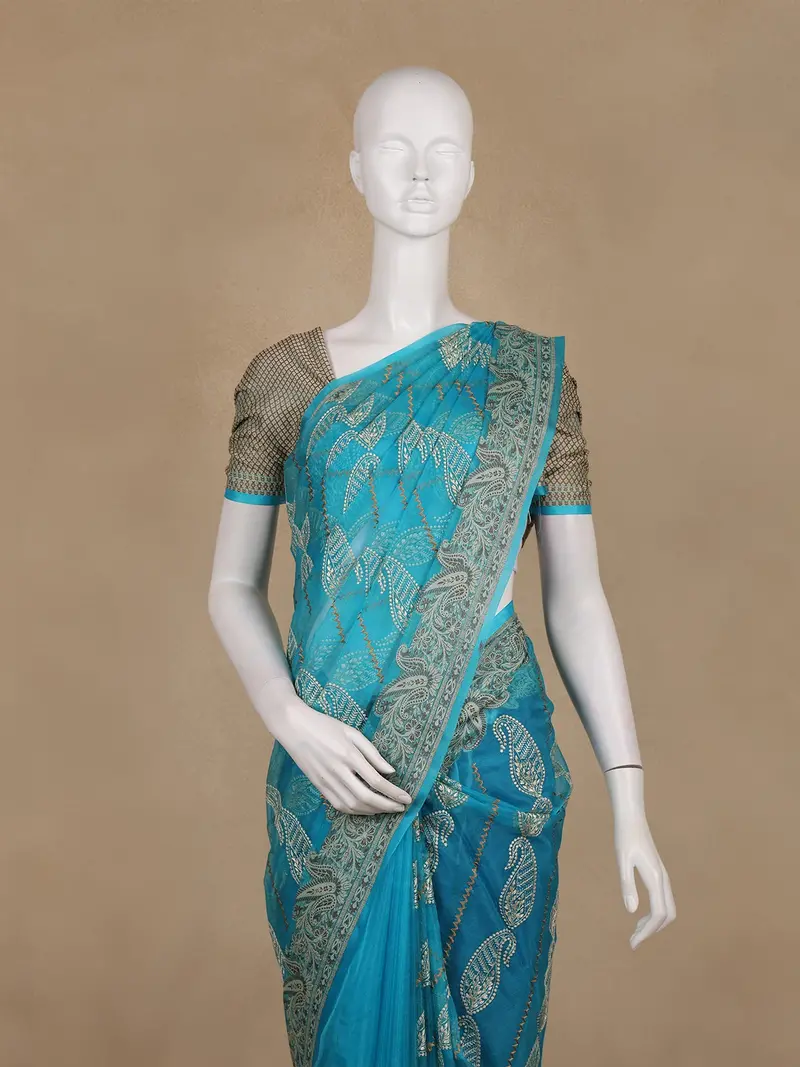 Teal Blue Paisley Design Semi Tussar Saree 2