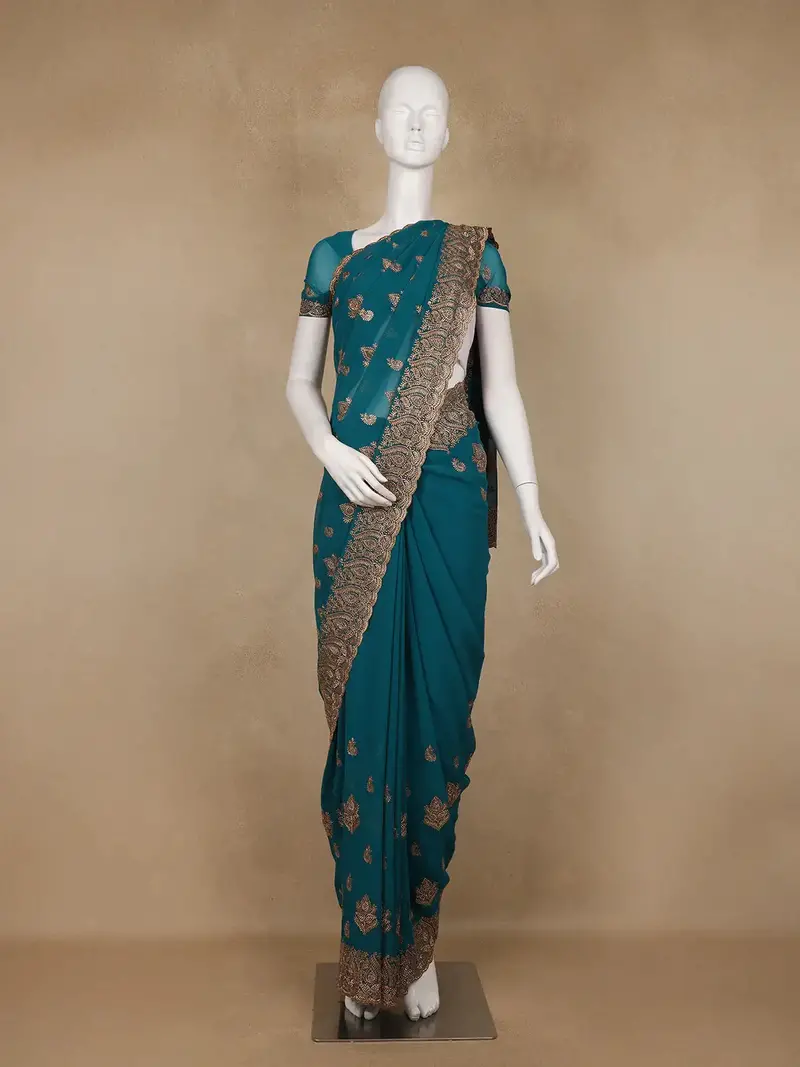 Teal Blue Paisley Embroidered Chiffon Saree 1
