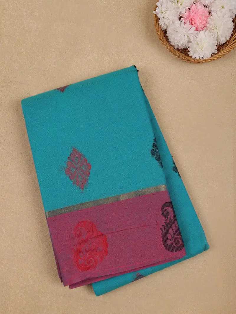 Teal Blue  Paisley Motifs Designed Cotton Saree 1