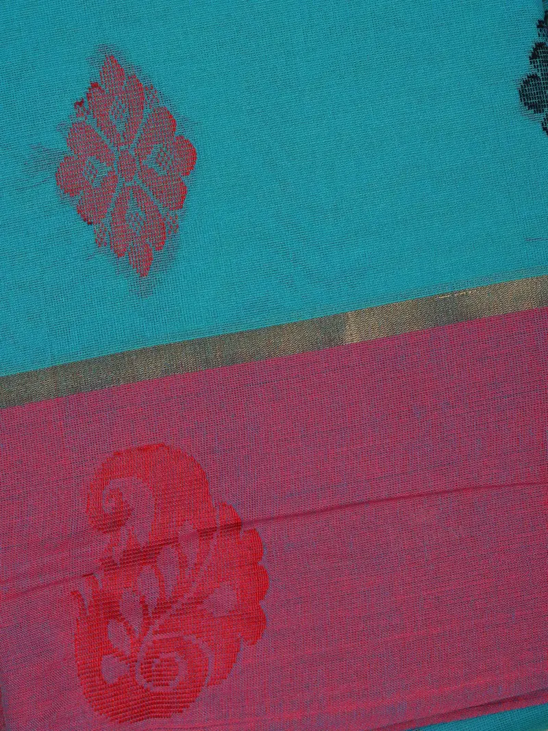 Teal Blue Paisley Motifs Designed Cotton Saree 2