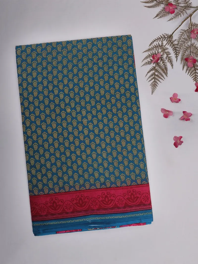Teal Blue Paisley Printed Karishma Cotton Saree With Pink Ornamental Border 1