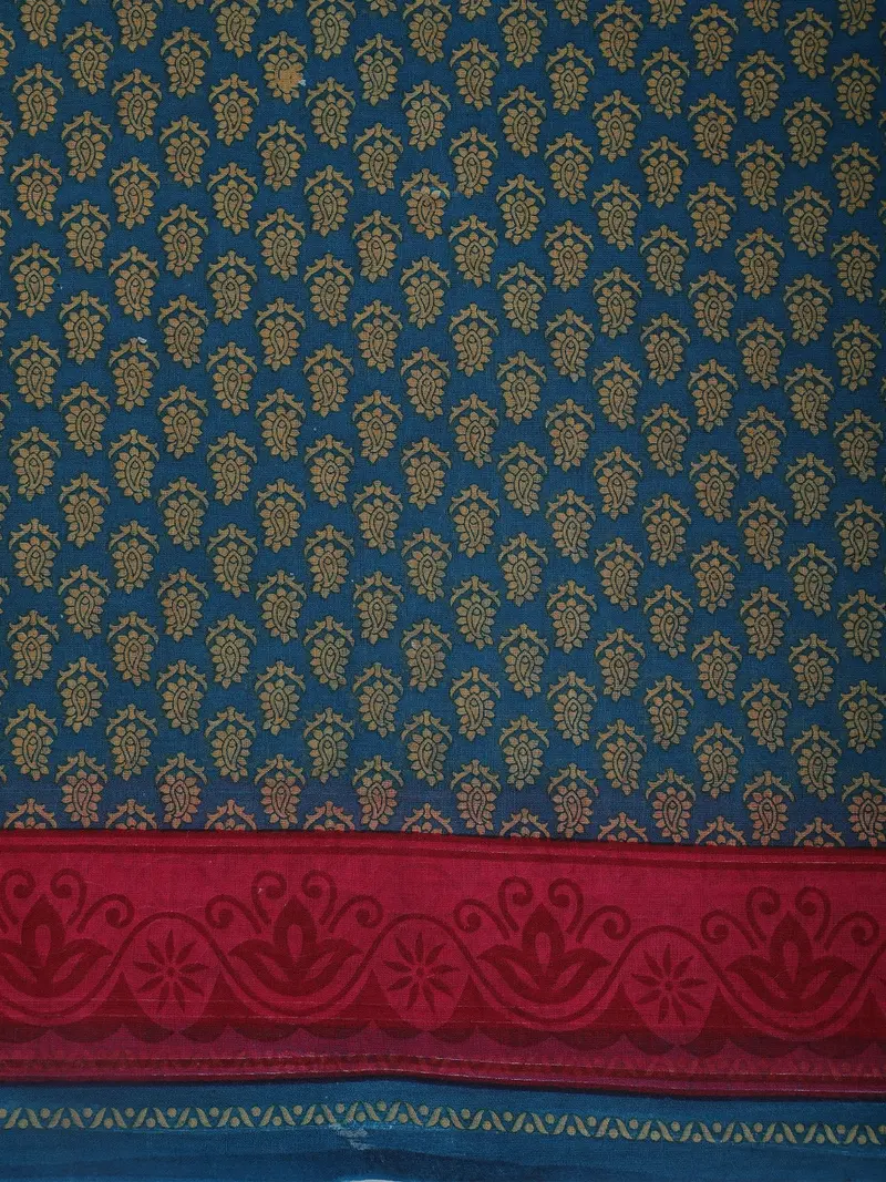 Teal Blue Paisley Printed Karishma Cotton Saree With Pink Ornamental Border 2