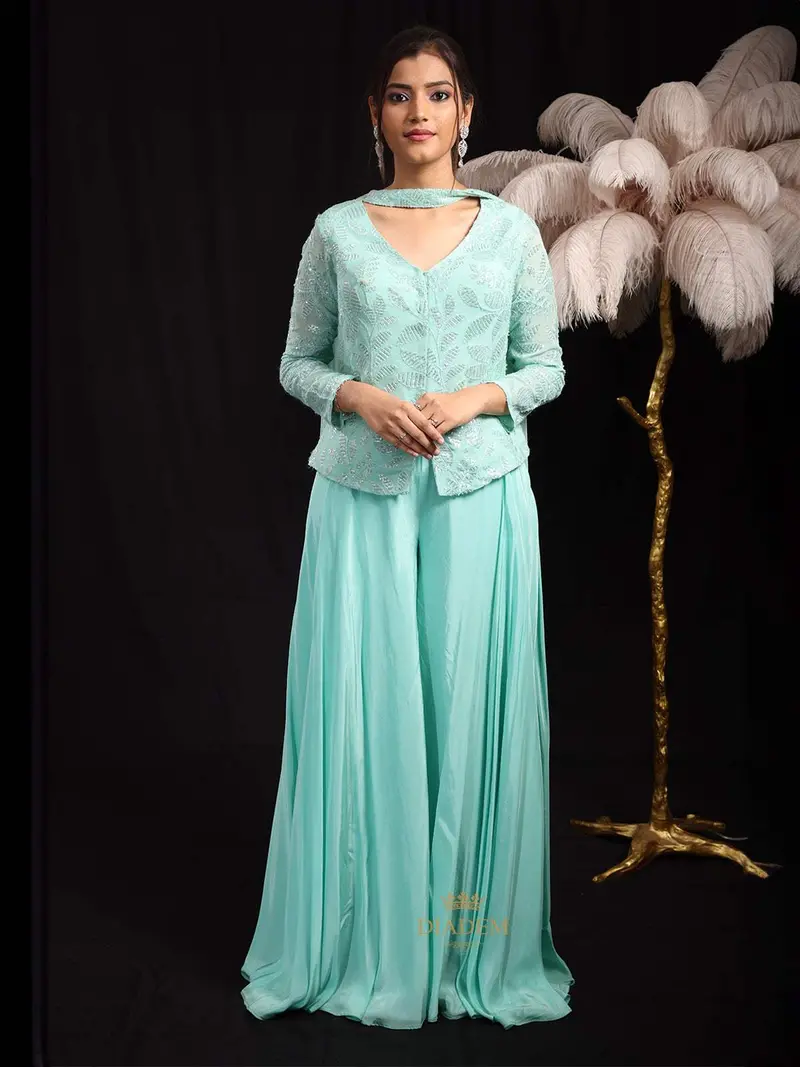 Teal Blue Palazzo Salwar Suit For Girls Adorned With Sequins Flower Design Paired With Dupatta 1
