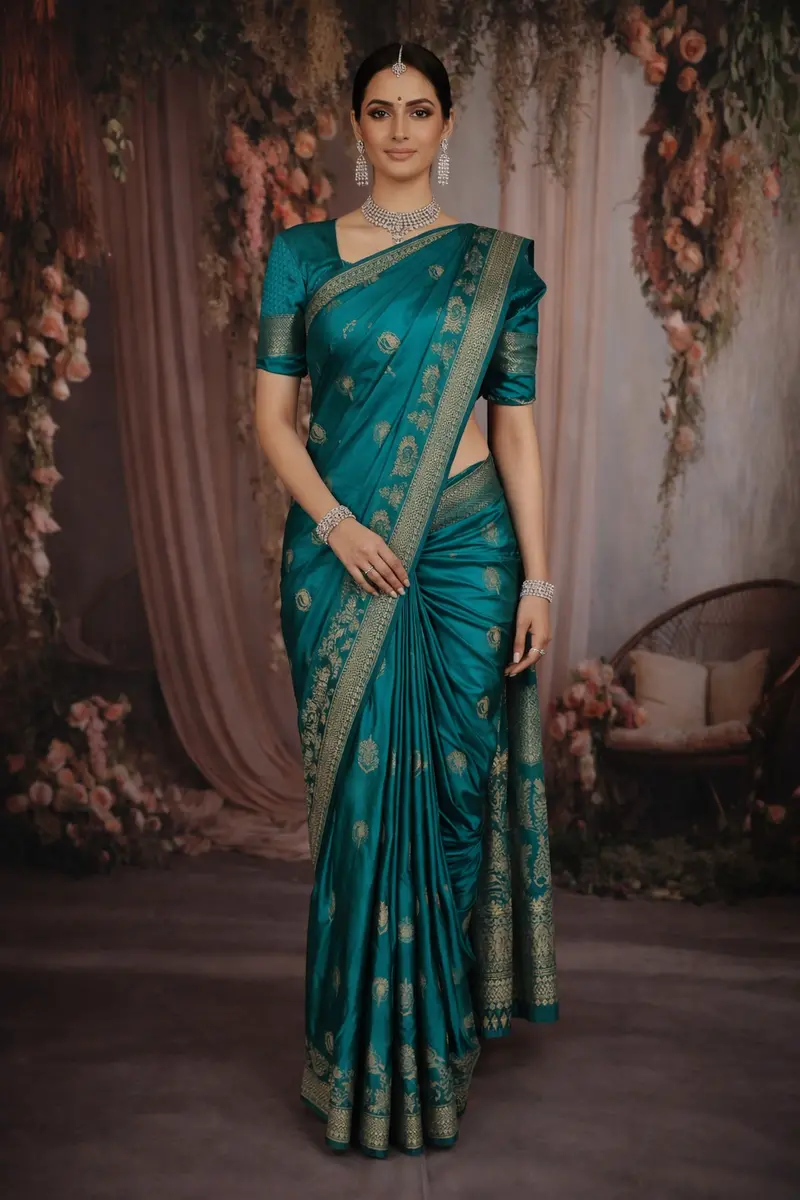 Teal Blue Peacock Butta Zari Woven Design Crepe Silk Fancy Saree 1