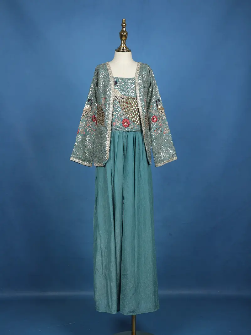 Teal Blue Peacock Embroidered Georgette Kids Palazzo Suit 1