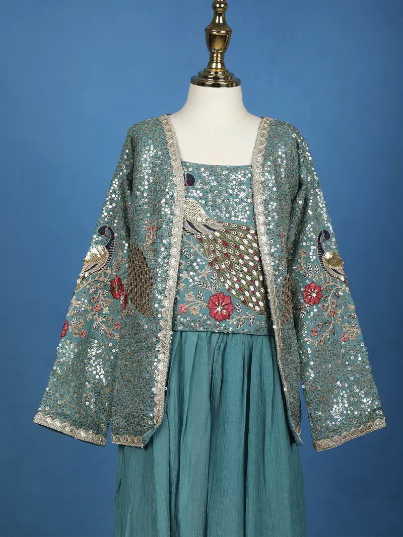 Teal Blue Peacock Embroidered Georgette Kids Palazzo Suit 2