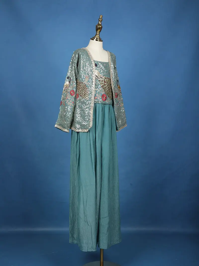 Teal Blue Peacock Embroidered Georgette Kids Palazzo Suit 3