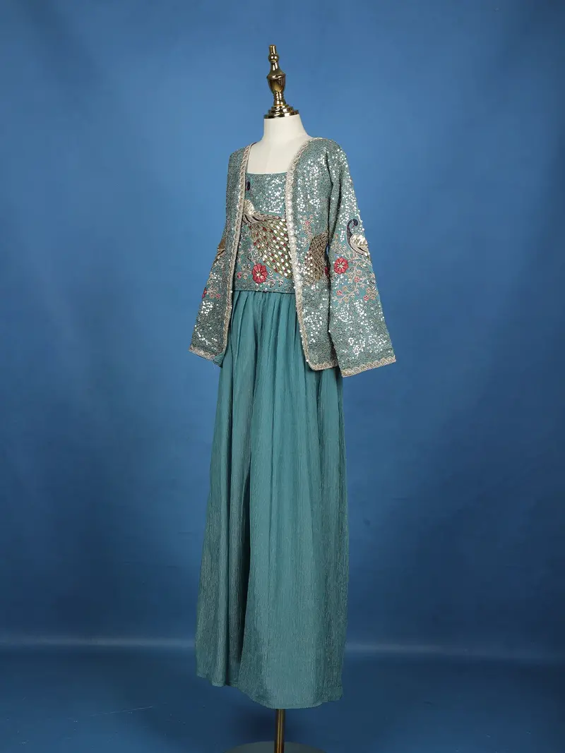 Teal Blue Peacock Embroidered Georgette Kids Palazzo Suit 4