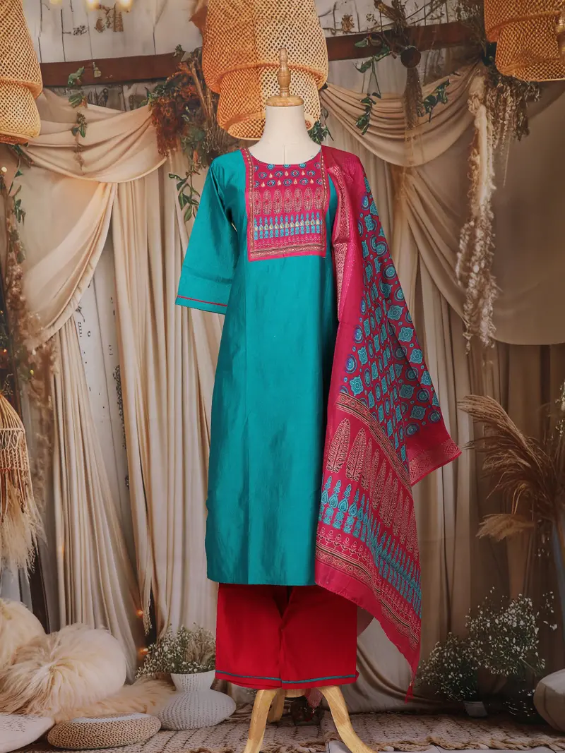 Teal Blue Printed Design Cotton Straight Cut Salwar Suit 1