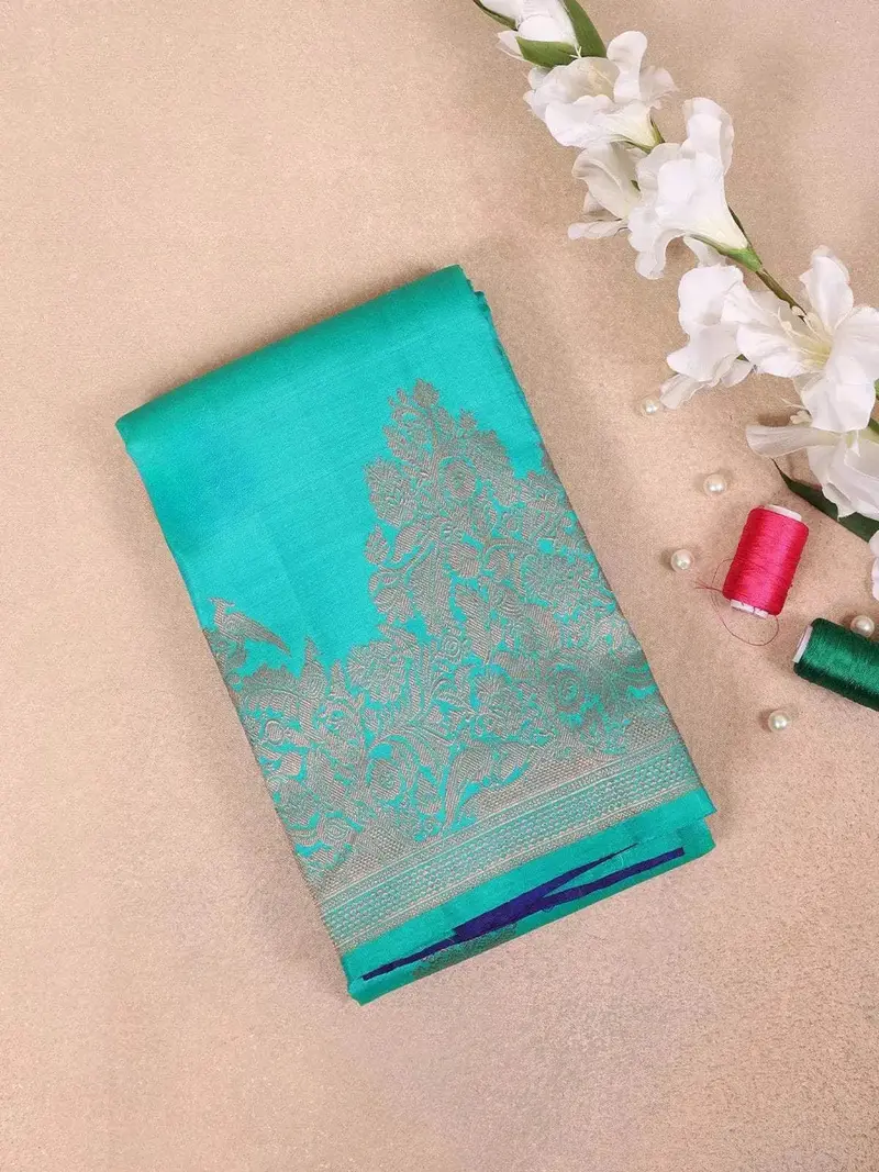 Teal Blue Pure Kanchipuram Bridal Silk Saree With Tree Motif On The Body And Zari Border 1