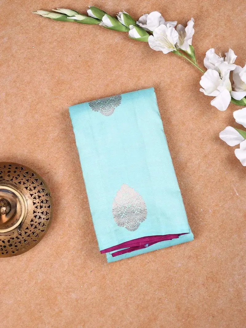Teal Blue Pure Kanchipuram Bridal Silk Saree With Zari Butta On The Body With Zari Border 1