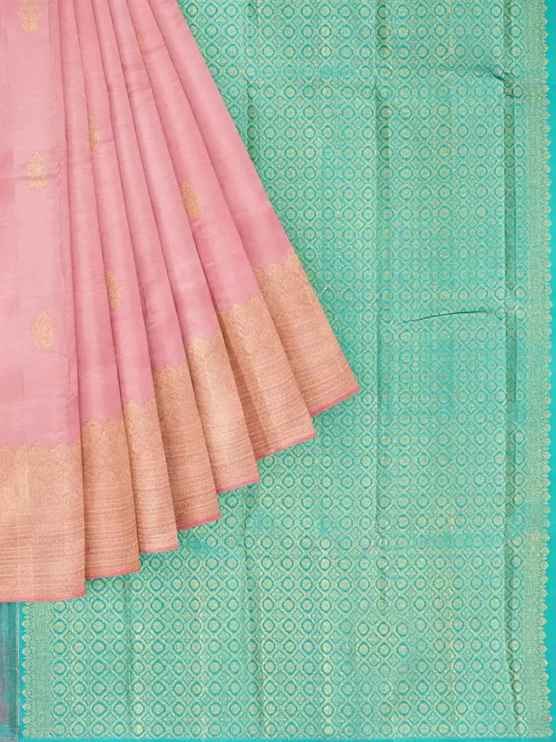 Teal Blue Pure Kanchipuram Silk Saree With Floral Motif On The Body And Without Border 1