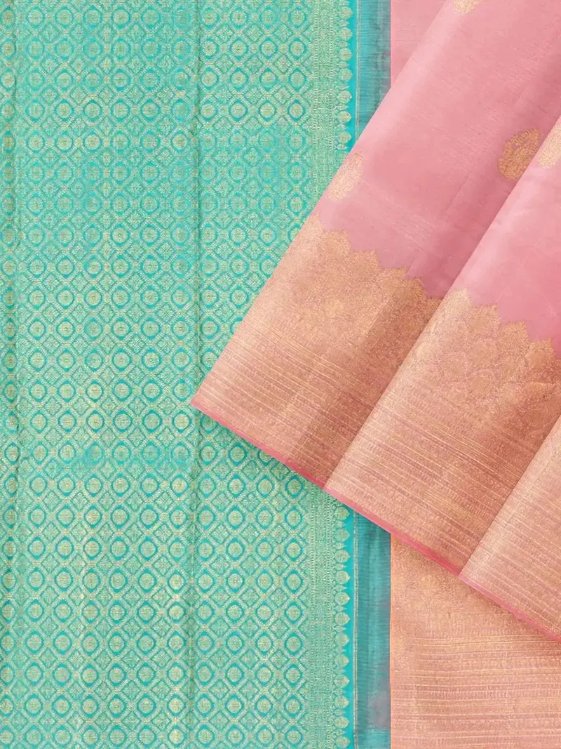 Teal Blue Pure Kanchipuram Silk Saree With Floral Motif On The Body And Without Border 2