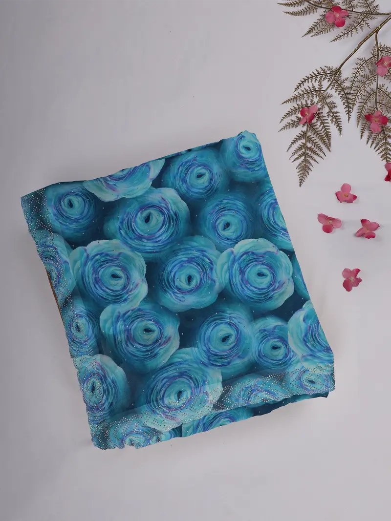 Teal Blue Rose Floral Printed Chiffon Saree 1