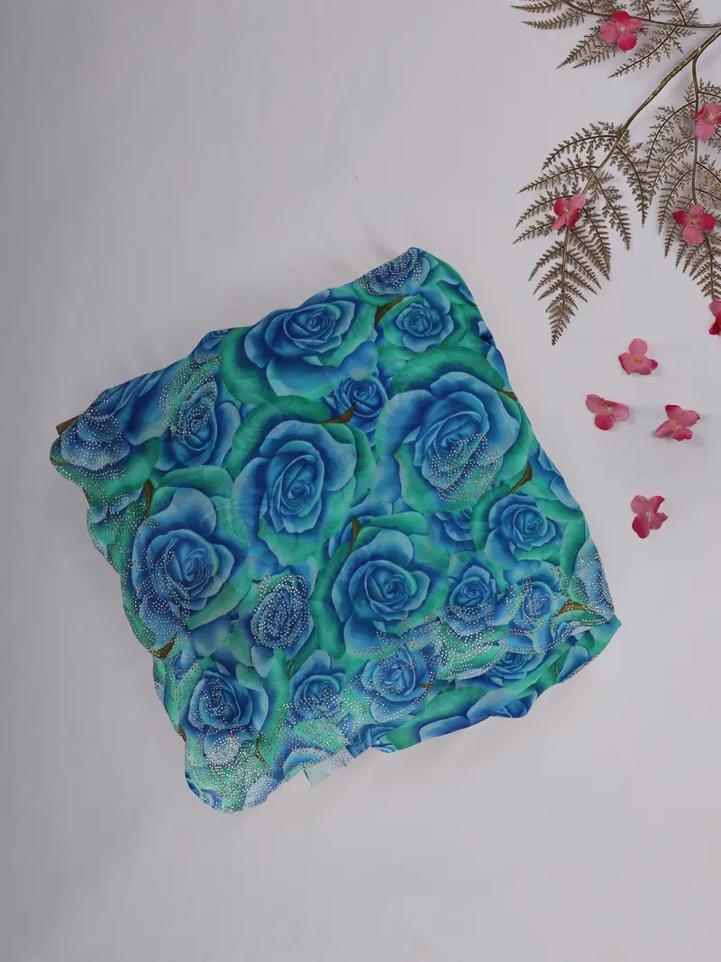 Teal Blue Rose Floral Printed Chiffon Saree With Stone Embellished Scallop Border 1