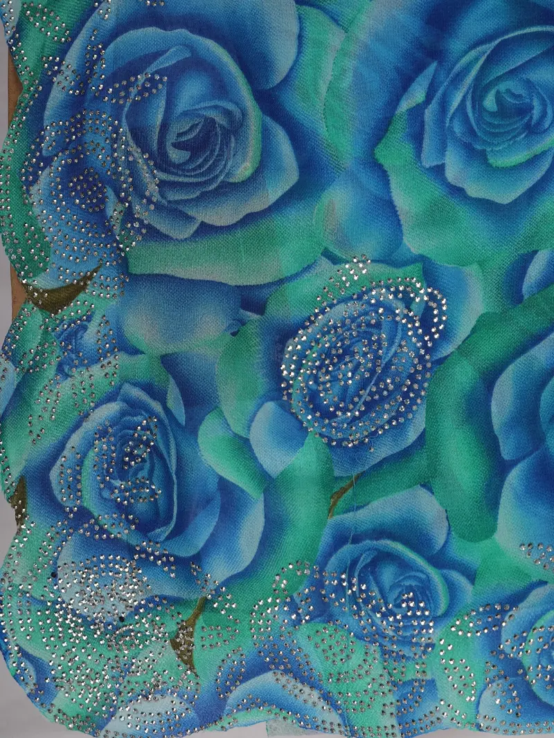 Teal Blue Rose Floral Printed Chiffon Saree With Stone Embellished Scallop Border 2