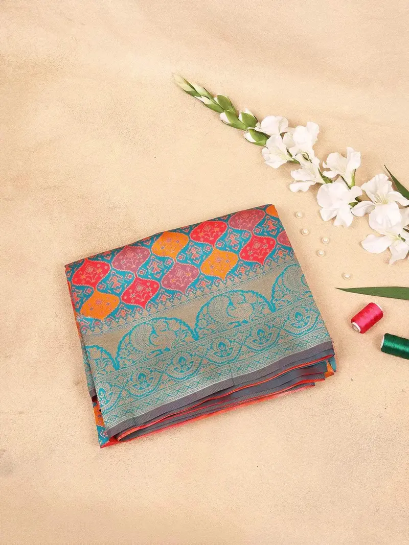 Teal Blue Semi Banarasi Saree With Fancy Design On The Body With Zari Border 1