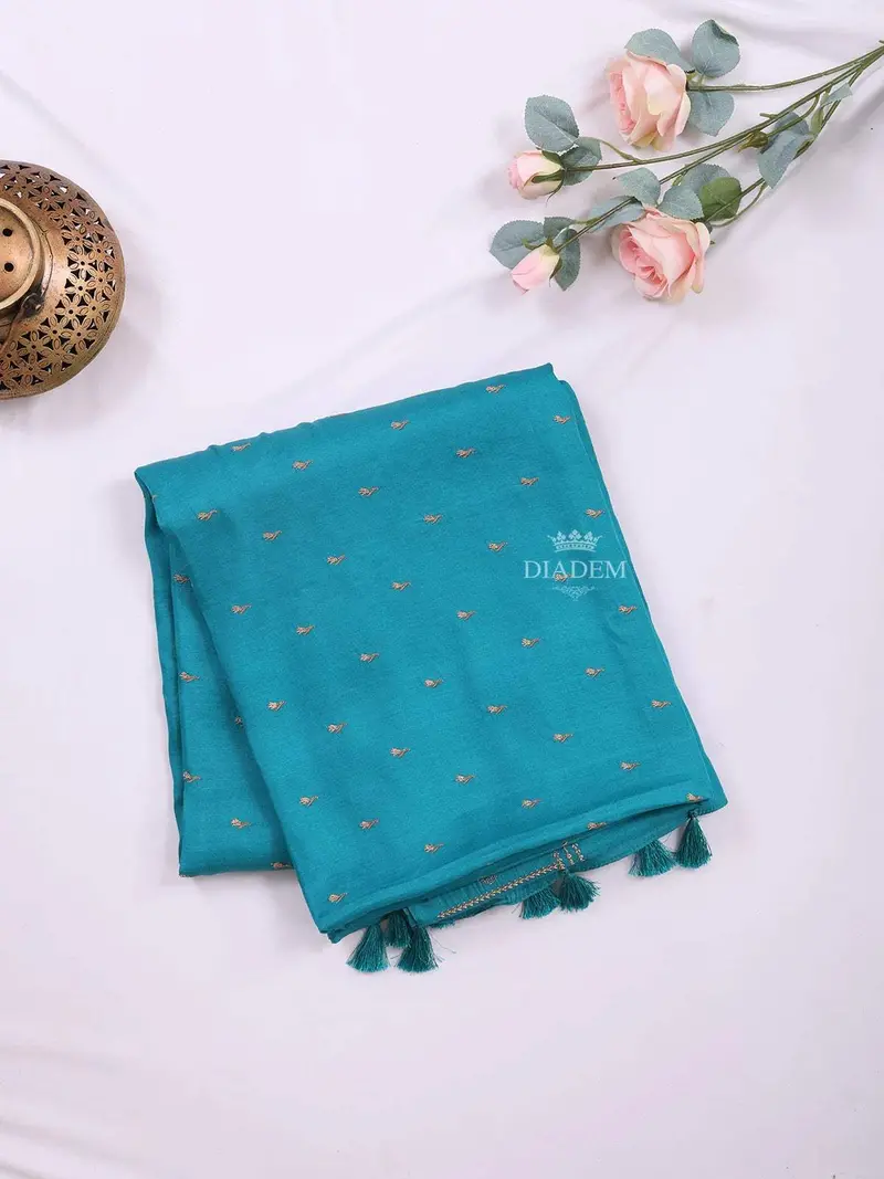 Teal Blue Semi Tussar Silk Saree With Small Flower Motif On The Body And Without Border 2