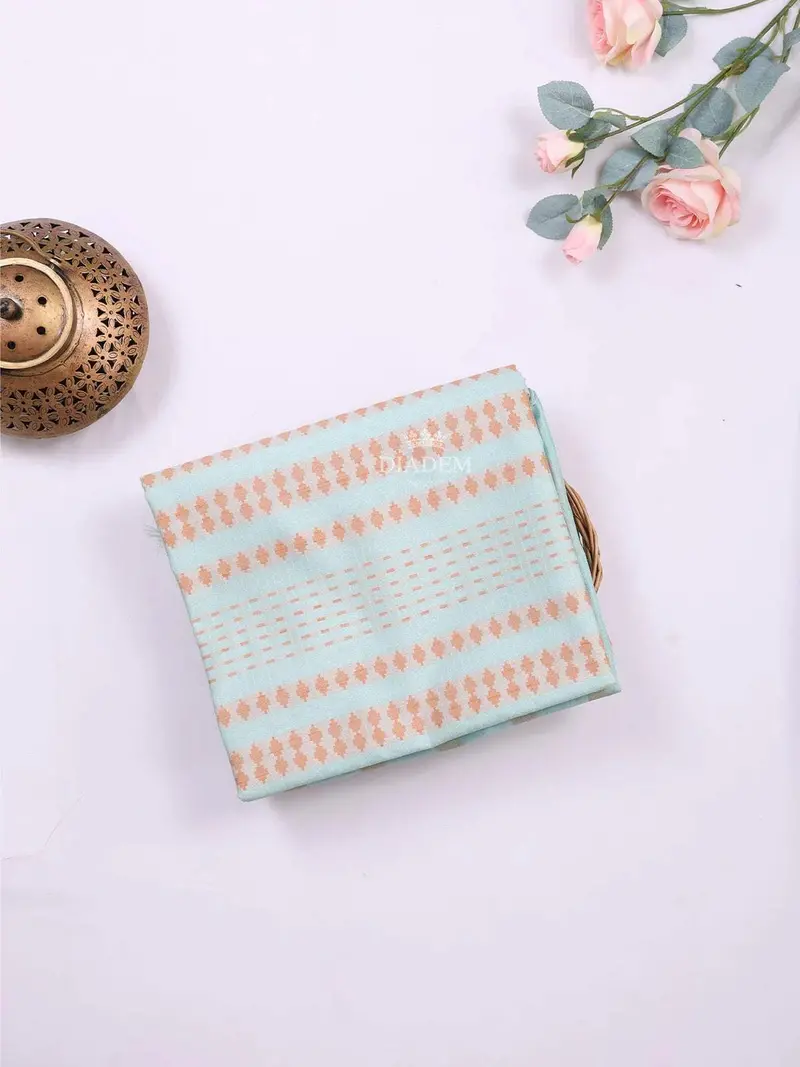Teal Blue Semi Tussar Silk Saree With Stripes Design On The Body And Without Border 1