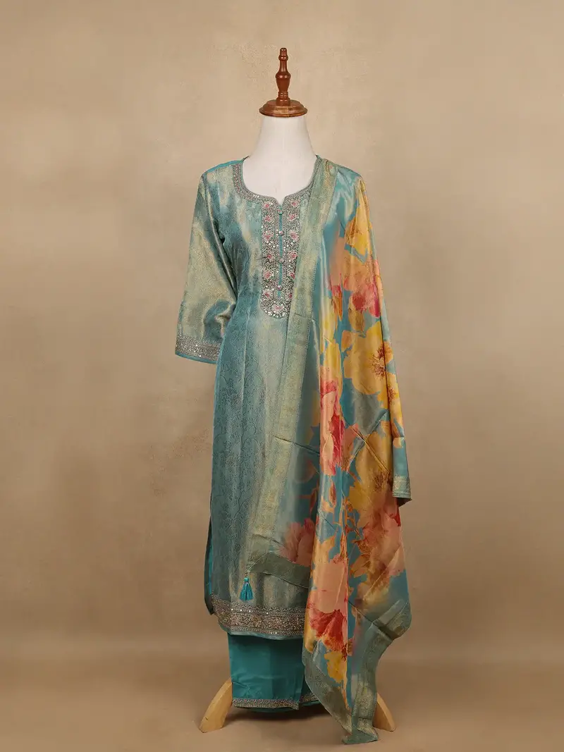 Teal Blue Sequins Design Floral Printed Banarasi Silk Salwar Suit 1