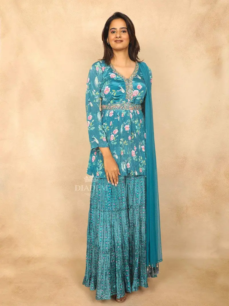 Teal Blue Sharara Set Embellished With Sequins And Floral Design And Paired With Dupatta 1