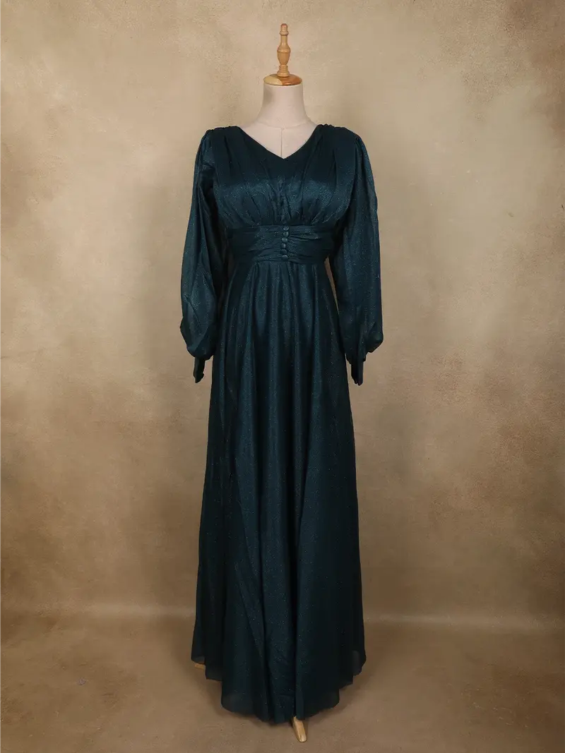 Teal Blue Shimmer Solid And Glitter Design Party Wear Gown With Empire Waist 1