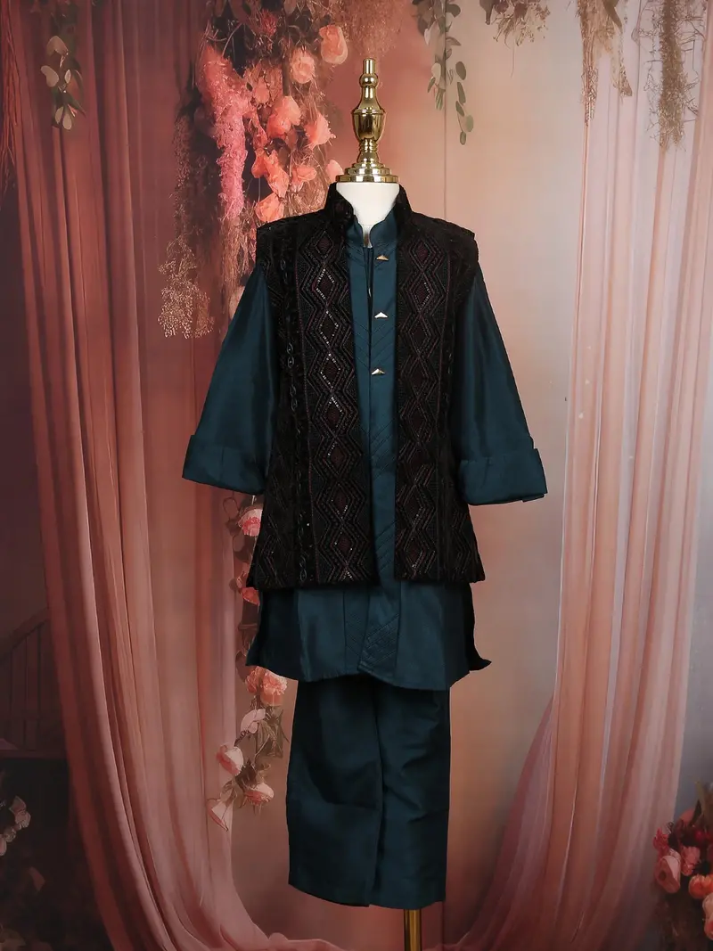 Teal Blue Silk Kurta Set With Embroidered Jacket For Boys 1