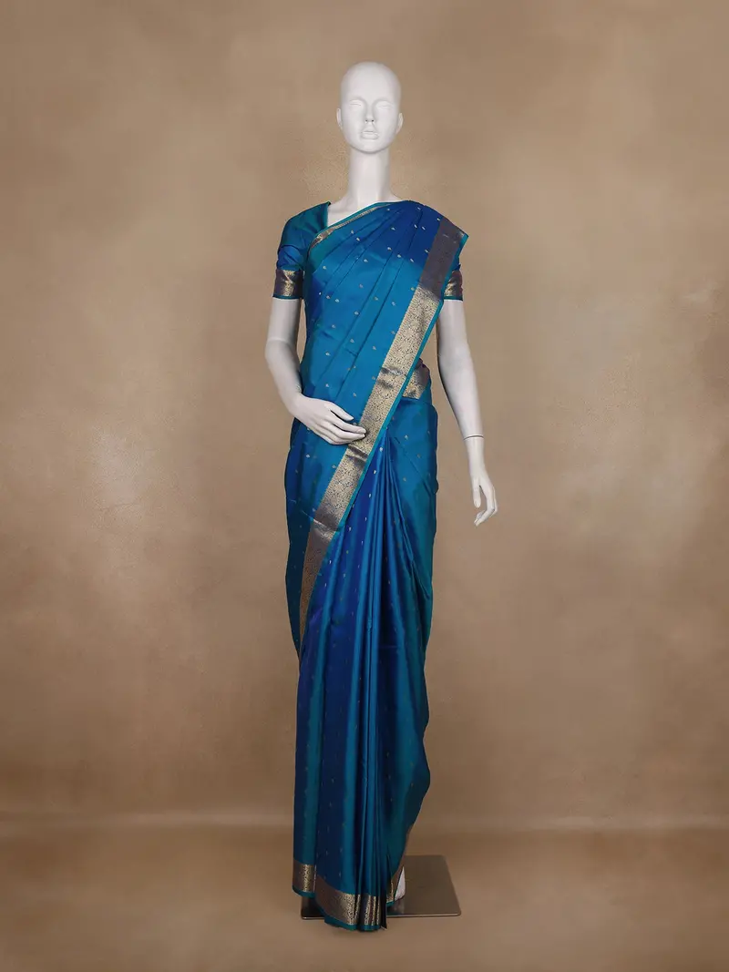 Teal Blue Small Butta Woven Kanchipuram Silk Saree With Zari Border 1