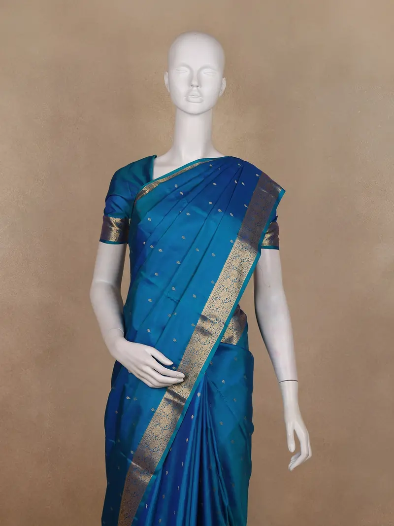 Teal Blue Small Butta Woven Kanchipuram Silk Saree With Zari Border 2