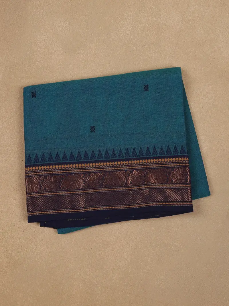 Teal Blue Small Motif Woven Cotton Saree With Contrast Zari Border 1