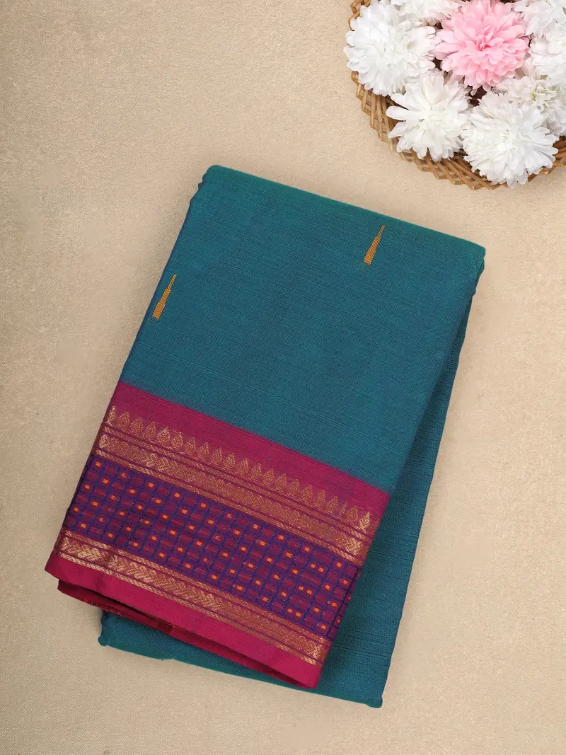 Teal Blue Solid Design Cotton Saree With Pink Zari Woven Border 1