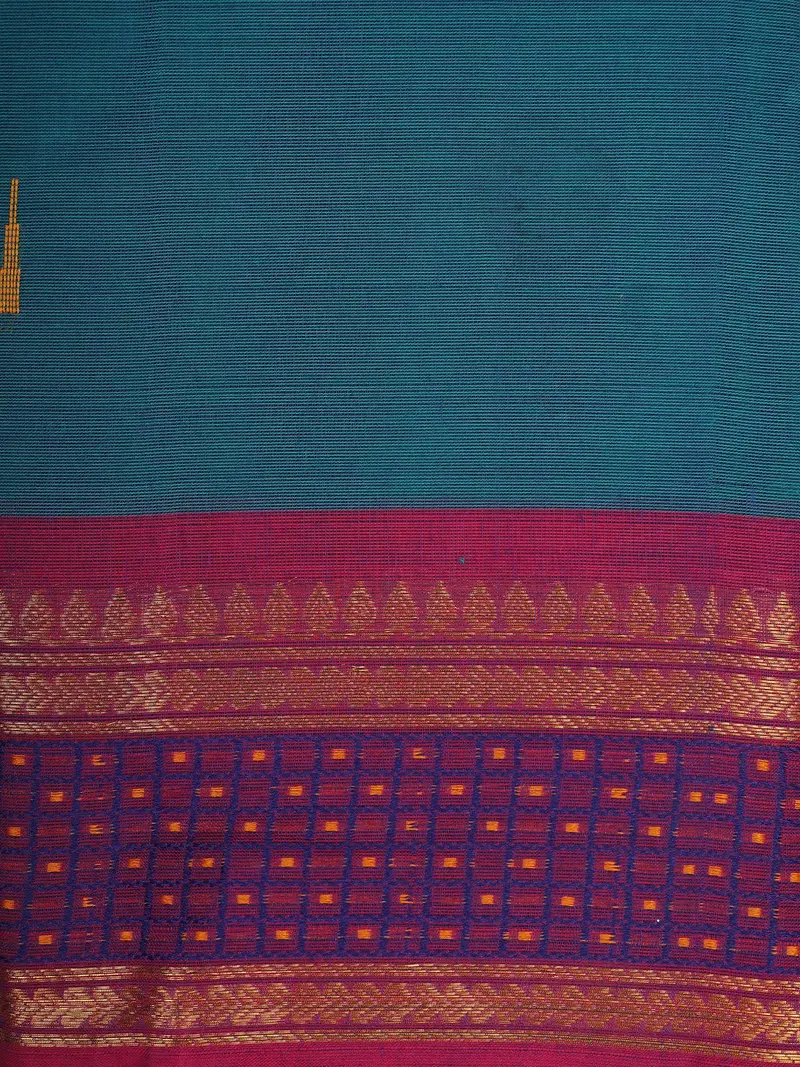 Teal Blue Solid Design Cotton Saree With Pink Zari Woven Border 2