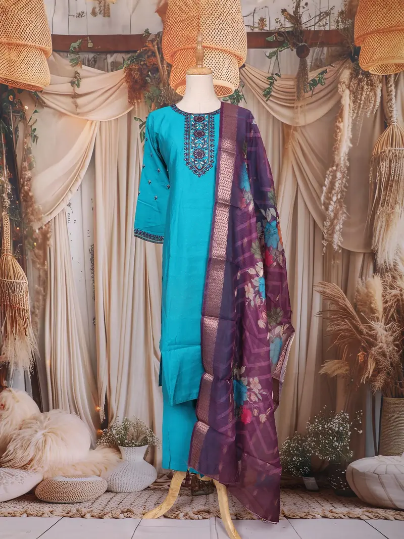 Teal Blue Solid Design Cotton Straight-Cut Salwar Suit With Floral Dupatta 1