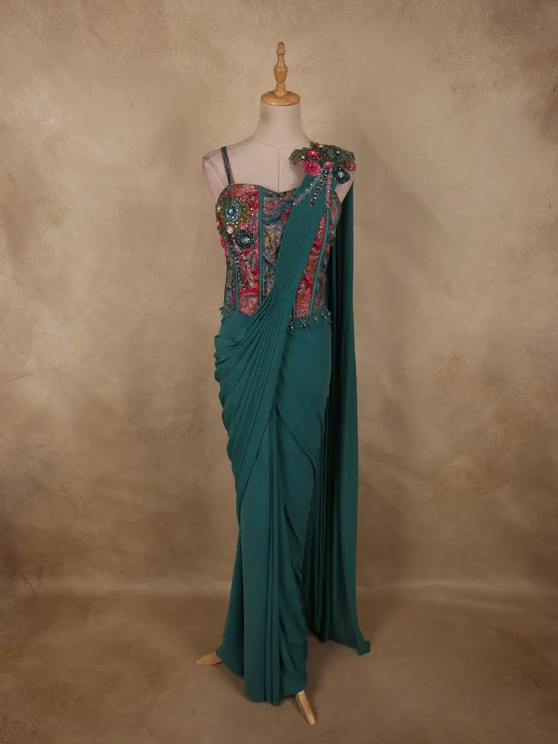 Teal Blue Solid Design Silk Ready To Wear Draped Saree With Designer Blouse 1
