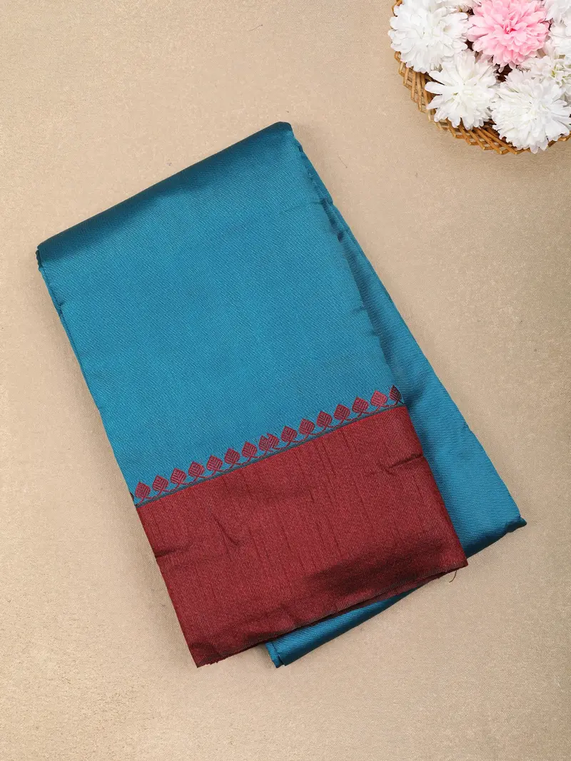 Teal Blue Solid Design Soft Silk Fancy Wear Saree With Contrast Border 1