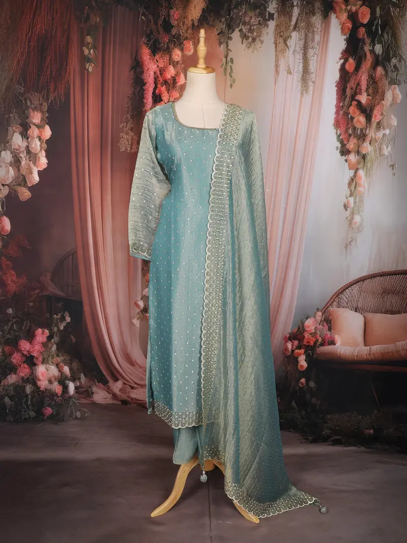 Teal Blue Stone Embellished Tissue Silk Straight Cut Salwar Suit With Dupatta 1