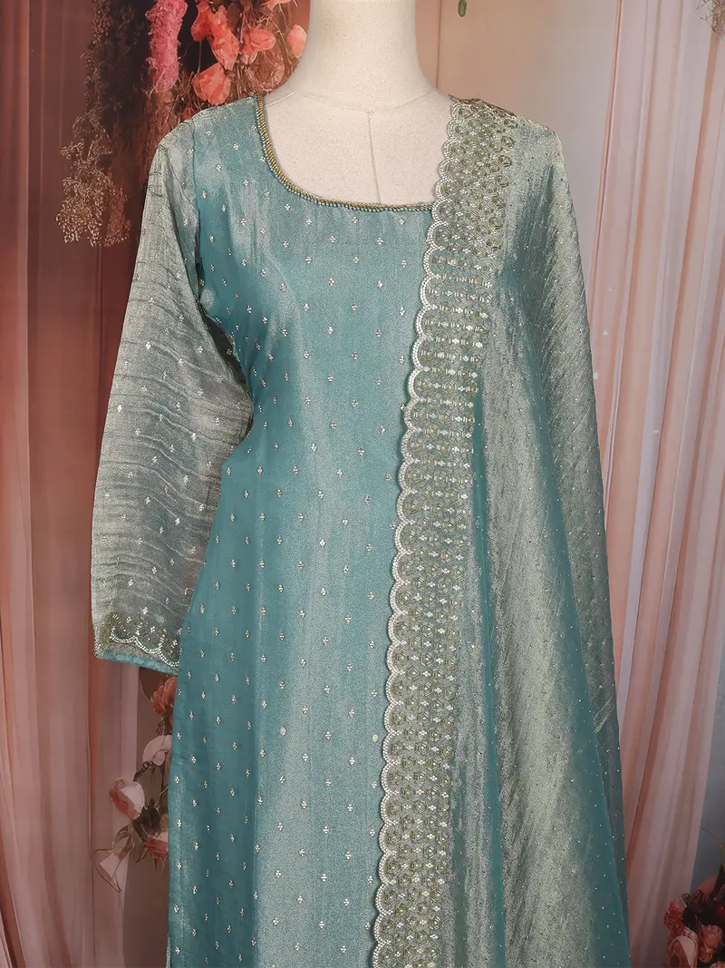 Teal Blue Stone Embellished Tissue Silk Straight Cut Salwar Suit With Dupatta 2