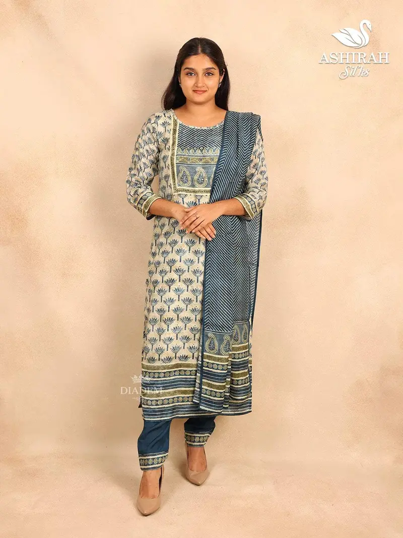 Teal Blue Straight Cut Salwar Suit Adorned With Floral Prints Paired With Dupatta 1