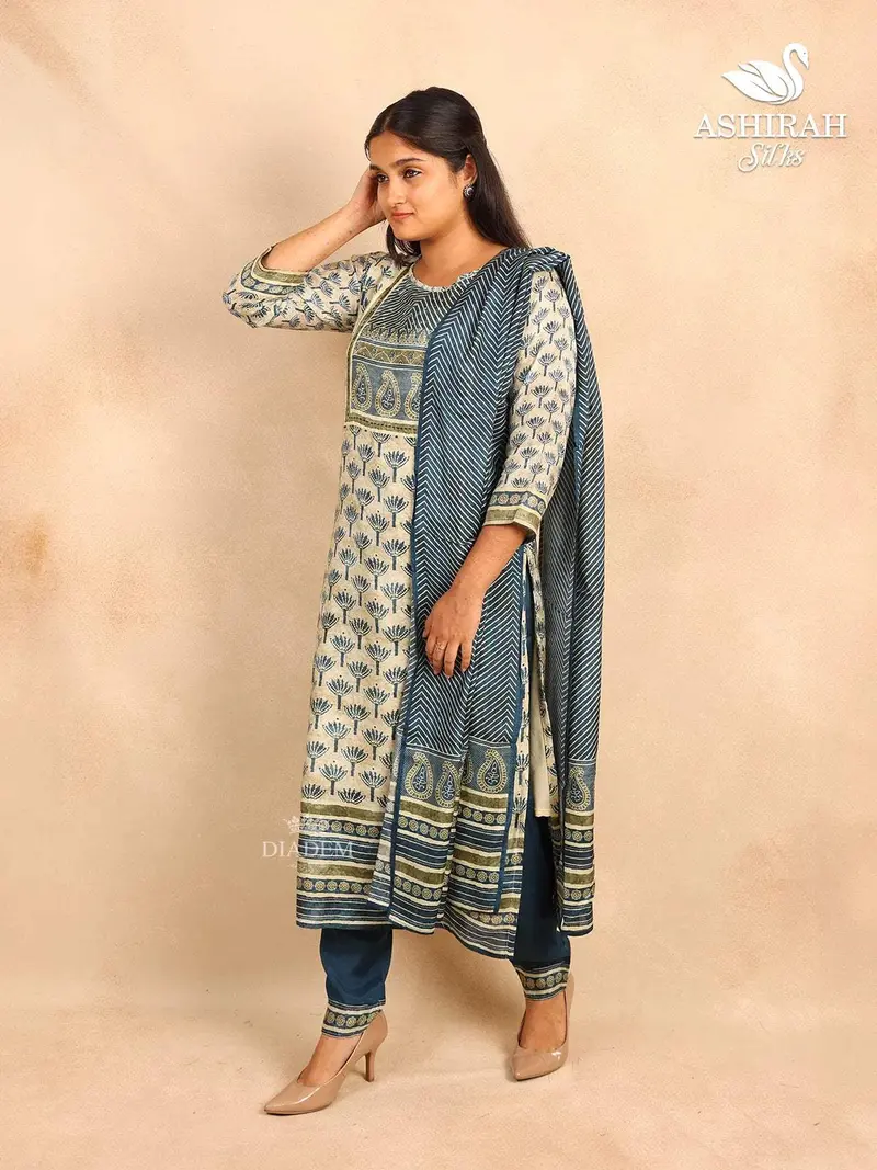 Teal Blue Straight Cut Salwar Suit Adorned With Floral Prints Paired With Dupatta 2