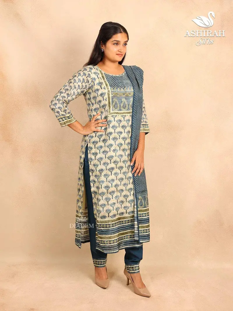 Teal Blue Straight Cut Salwar Suit Adorned With Floral Prints Paired With Dupatta 3
