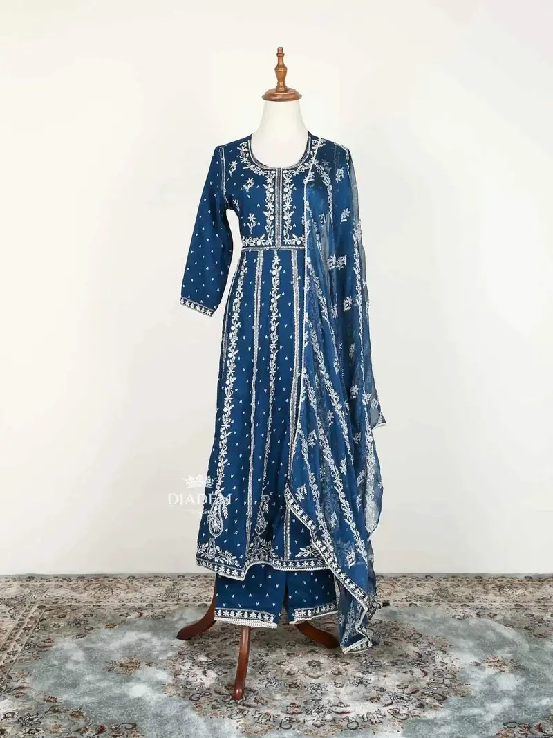 Teal Blue Straight Cut Salwar Suit For Girls With Floral Embroidery Along With Dupatta 1
