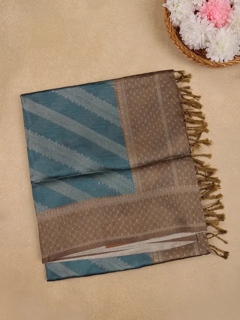 Teal Blue Striped Design Tissue Silk Saree 1