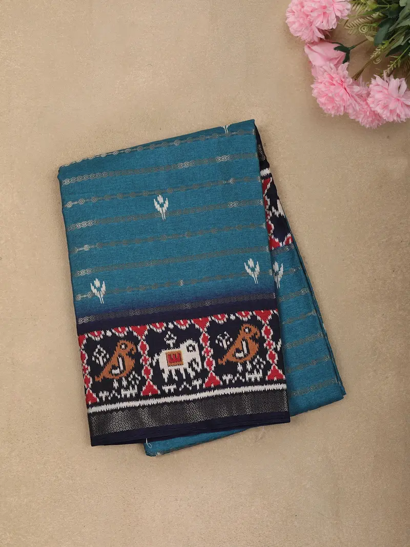 Teal Blue Striped Zari Woven Design Crepe Saree With Traditional Woven Border 1