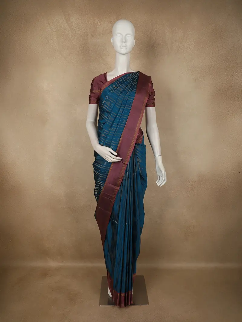 Teal Blue Striped Zari Woven Design Kanchipuram Silk Saree With Contrast Zari Border 1