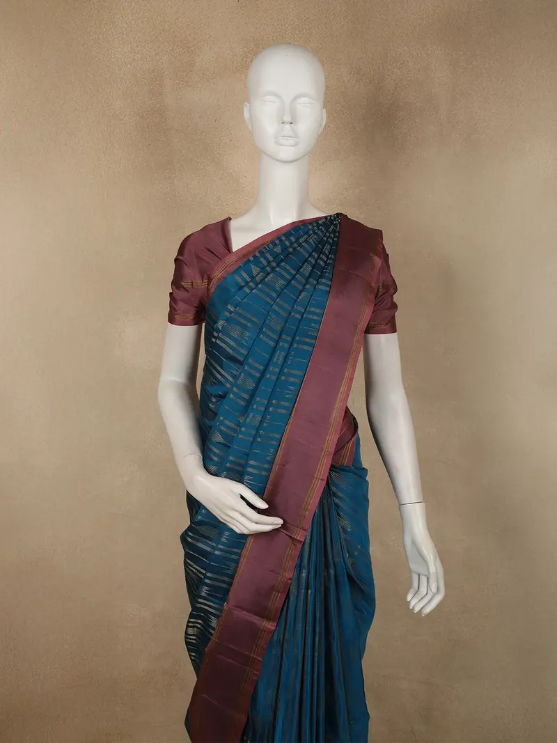 Teal Blue Striped Zari Woven Design Kanchipuram Silk Saree With Contrast Zari Border 2