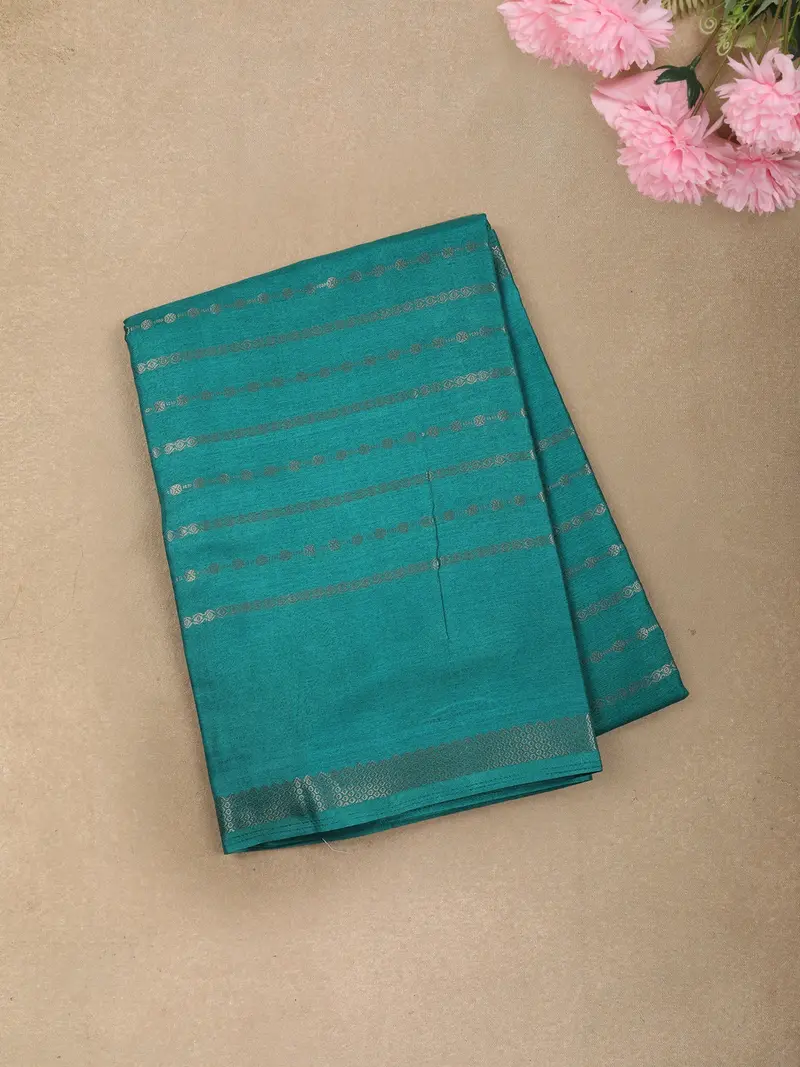 Teal Blue Striped Zari Woven Designed Semi Silk Saree With Zari Border 1